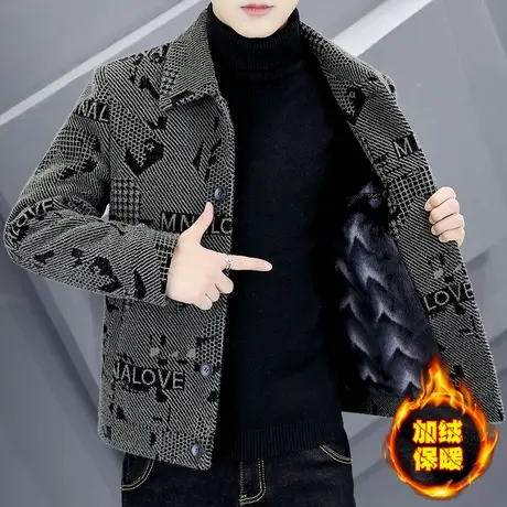 加绒加厚毛呢外套男士冬季潮流时尚高级感男装痞帅金貂绒呢子夹克商品大图