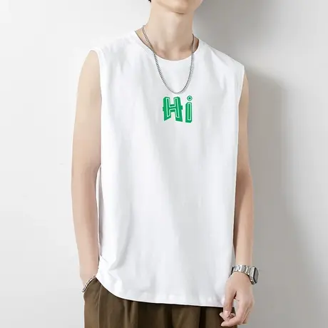 纯棉白色背心男士夏季宽松潮流运动坎肩跨栏篮球健身宽肩无袖t恤商品大图