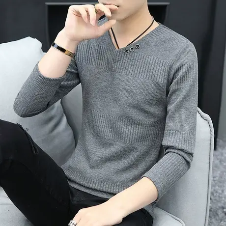 春秋季长袖t恤男士秋衣外穿V领针织衫内搭冬装打底衫潮牌修身男装商品大图