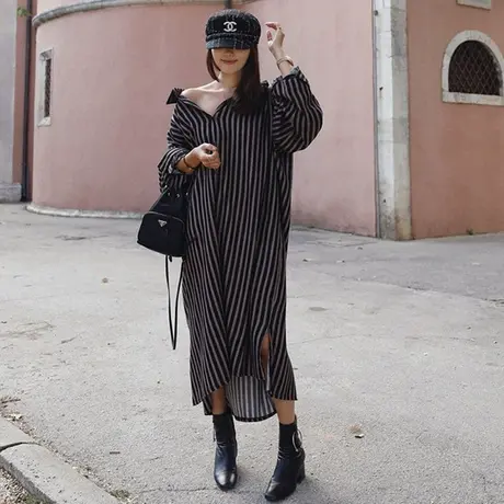 竖条纹韩国个性衬衫裙女春夏长袖新款宽松大码韩版长款过膝衬衣潮商品大图