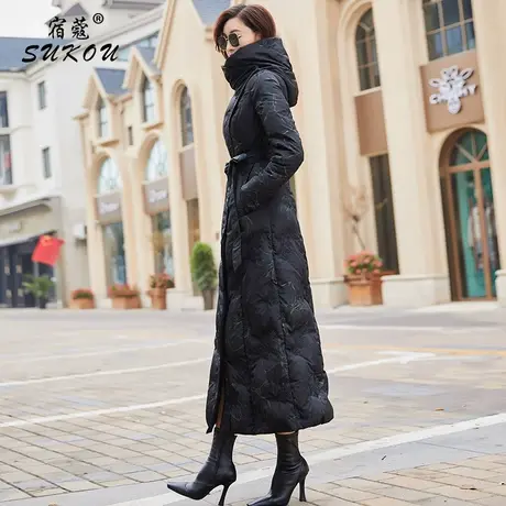 黑色印花连帽羽绒服女2024新款冬装气质修身长款到脚踝白鸭绒外套商品大图