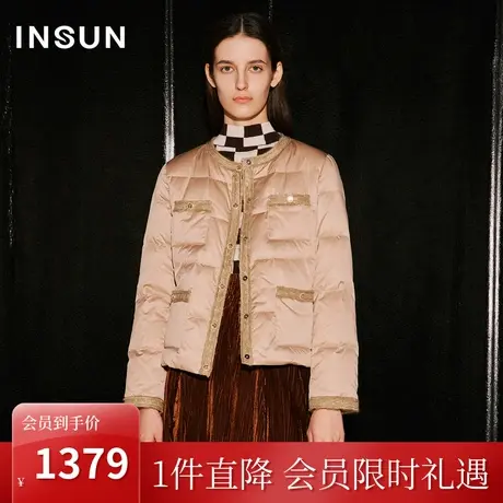 [触感香风]恩裳COVER2023秋装新款圆领香风织带装饰白鹅绒羽绒服商品大图