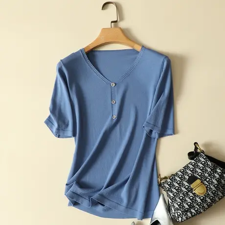 短袖冰丝针织衫t恤女春夏2024新款V领宽松显瘦百搭打底衫上衣女薄商品大图