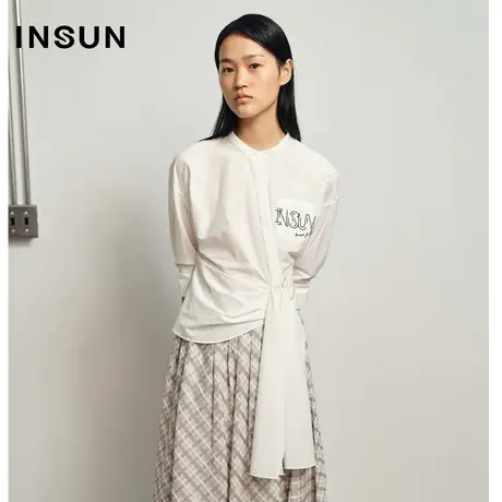 INSUN恩裳夏季字母印花收腰飘带半袖白衬衫感商品大图