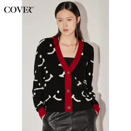COVER冬季100%绵羊毛保暖撞色针织衫开衫图片