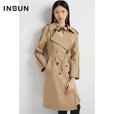INSUN恩裳线上专选秋季同色系撞色卡其色长款风衣图片