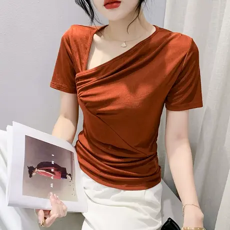 网红斜领短袖T恤女2024夏装新款时尚褶皱上衣设计感小众洋气小衫商品大图