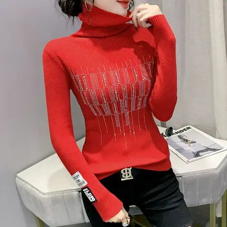 高领套头毛衣女秋冬慵懒气质堆堆领打底衫长袖时尚烫钻针织上衣潮图片