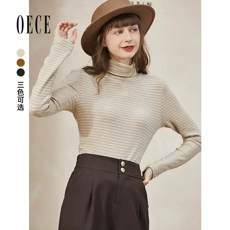 Oece条纹毛针织衫冬新款复古打底衫女半高领毛衣商品大图
