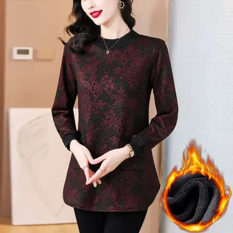中长款加绒打底衫女秋冬2023年新款大码胖mm洋气中老年妈妈装上衣商品大图