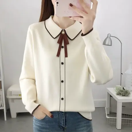 娃娃领针织打底衫女秋装2024年新款小香风女士甜美洋气宽松毛衣女商品大图