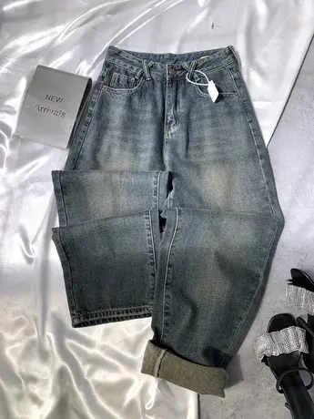 水洗做旧薄绒牛仔阔腿裤女2023秋冬新款显瘦百搭高腰宽松哈伦长裤商品大图