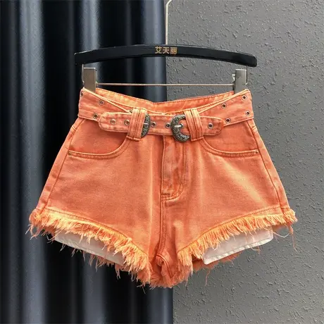 欧货小众毛边阔腿裤女23秋季新款橘色个性露口袋宽松显瘦牛仔短裤商品大图
