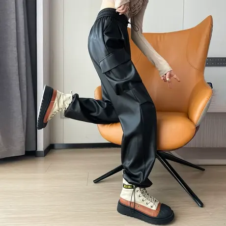 加绒pu皮裤女2023新款秋冬季黑色直筒束脚裤子小个子休闲裤工装裤图片