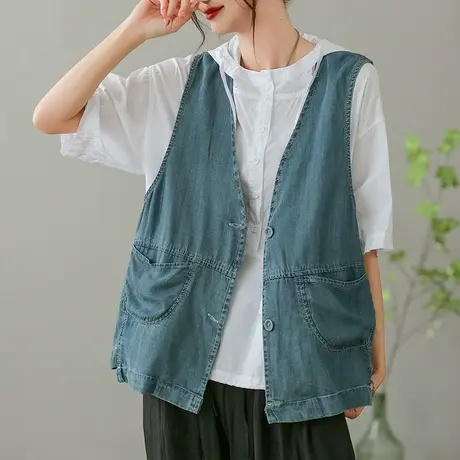 dza复古做旧牛仔马甲女2023夏季纯棉V领坎肩外搭宽松百搭开衫上衣图片
