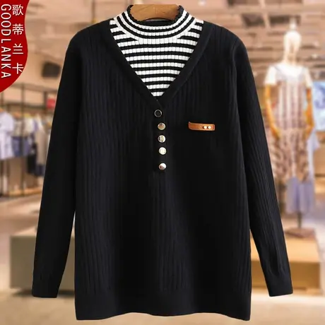 中年40-50岁妈妈春秋装针织打底衫半高领假两件小衫加肥加大毛衣商品大图