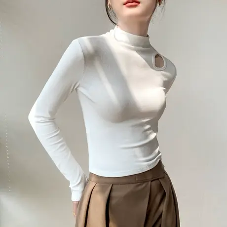 半高领长袖T恤女2023早秋新品设计感修身显瘦上衣西装内搭打底衫商品大图