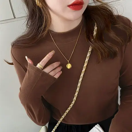 半高领打底衫女秋冬磨毛加厚内搭2023年新款小立领修身基础长袖T图片