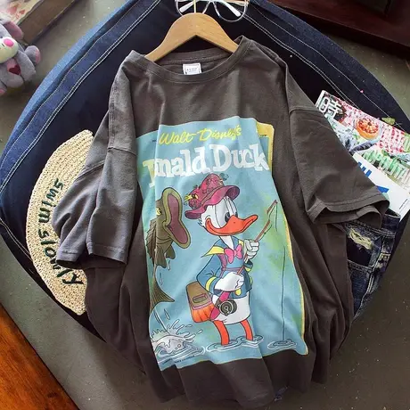 网红ins超火短袖t恤女2022夏季新款复古钓鱼小鸭百搭显瘦宽松卡通图片