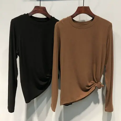 2023秋装新款纯色净版简约百搭弹力柔软舒适圆领长袖T恤打底衫女商品大图