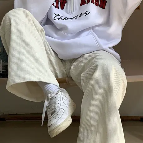 白色灯芯绒阔腿裤女学生2023秋季新款百搭宽松显瘦直筒裤休闲裤子图片