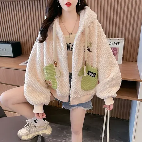 设计感小众羊羔毛外套女秋冬韩版宽松加绒加厚小个子短款开衫卫衣图片