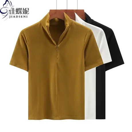 夏季新款韩版高领拉链修身纯棉纯色显瘦短袖体恤上衣内搭女打底衫商品大图