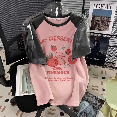 港味复古chic短袖t恤女夏季粉色慵懒风胖mm大码宽松显瘦ins潮上衣商品大图