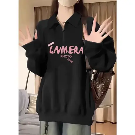 Polo领设计感韩系学院风长袖卫衣女大码ins秋冬加绒黑色外套上衣商品大图