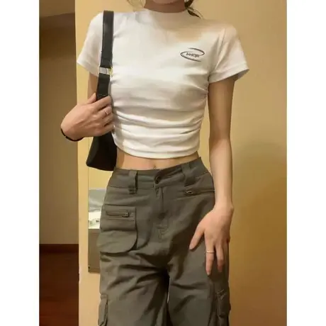 美式正肩短袖t恤女夏季2024新款设计感小众短款chic港味辣妹上衣商品大图