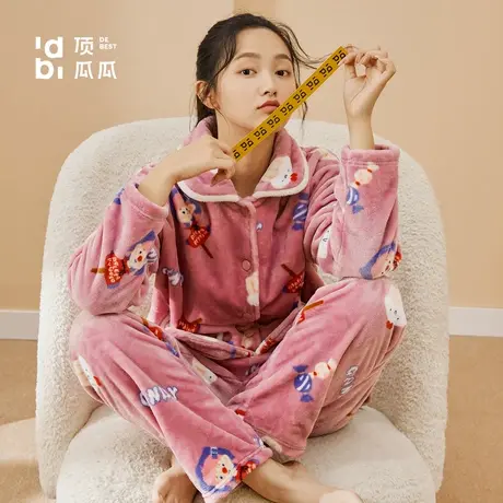 顶瓜瓜秋冬睡衣女士法兰绒舒适保暖开襟翻领印花可爱家居服套装商品大图