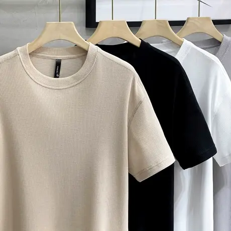 300G重磅肌理感夏季针织拼接短袖T恤男轻熟风休闲宽松白色体恤潮商品大图
