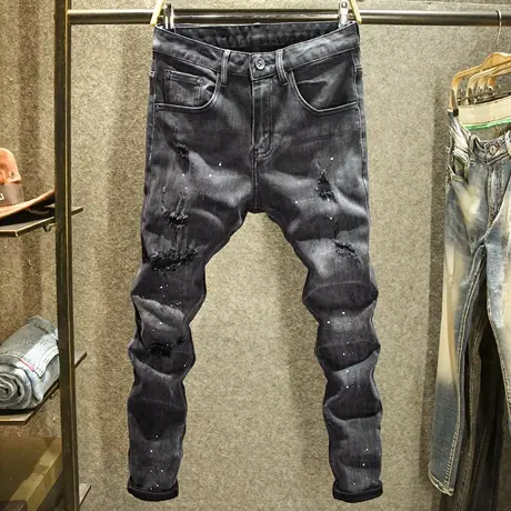 破洞泼墨潮男牛仔裤修身小脚秋季男裤深灰色潮牌个性手工磨破长裤商品大图