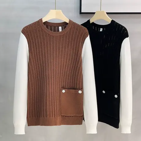 假两件毛衣男士秋季长袖韩版潮流撞色美式弹力卫衣打底针织衫内搭商品大图