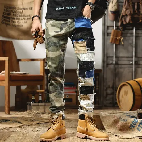 小众设计美式高街迷彩拼接牛仔裤男修身小脚裤子潮流百搭网红同款商品大图