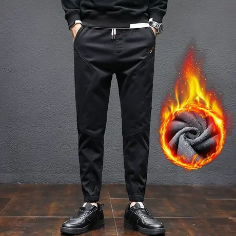 纯棉工装长裤秋冬季男士休闲裤宽松紧腰抽绳束脚裤子加绒加厚外穿商品大图