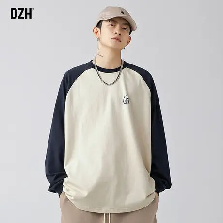 男士日系长袖t恤男秋季纯棉圆领男款2024新款休闲上衣拼接体恤衫商品大图