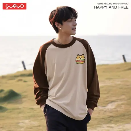 悦游 汉堡猫狗 重磅纯棉日系少年感情侣拼色长袖插肩T恤男商品大图