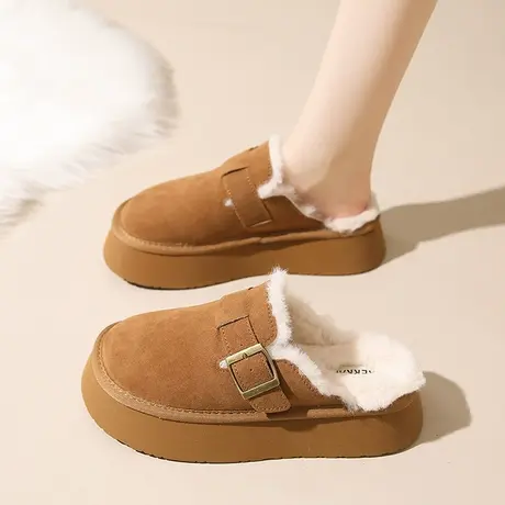 厚底勃肯鞋女冬季加绒包头半拖鞋2023年新款一脚蹬外穿毛毛拖鞋子商品大图