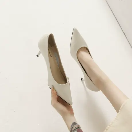 气质小跟软皮高跟鞋女2024春季新款时尚百搭尖头细跟职业工作单鞋图片