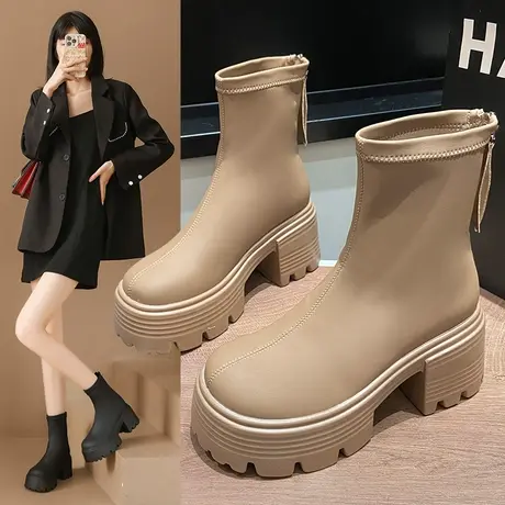 爆款靴子女2024新款洋气韩系高级感小短靴高跟超火短靴粗跟瘦瘦靴商品大图