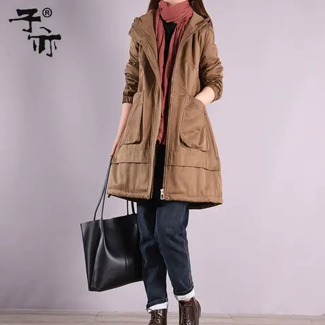 子亦加绒风衣棉袄外套 加厚保暖连帽拉链纯色中长款棉衣棉服图片