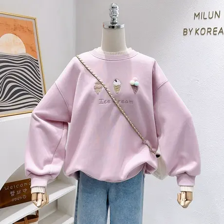 ins日系甜美奶呼呼的粉卫衣秋冬款学院风毛衣领加绒拼色外套大码商品大图