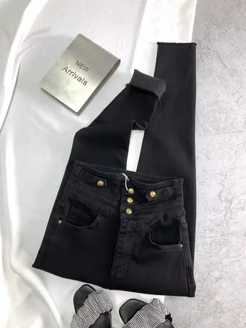 排扣复古弹力加绒牛仔铅笔裤女2023冬季新款显瘦百搭高腰包臀靴裤图片