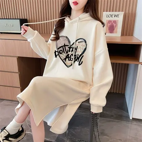 连帽卫衣女2023新款秋冬季韩版宽松加绒加厚中长款过膝连衣裙外套图片