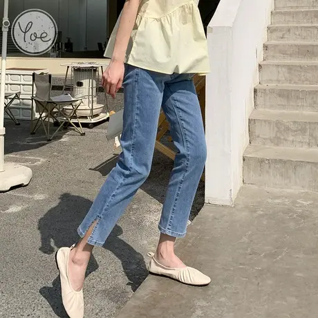 yoe2023春装牛仔裤女直筒裤女士开叉小个子裤子设计感小众女显瘦图片