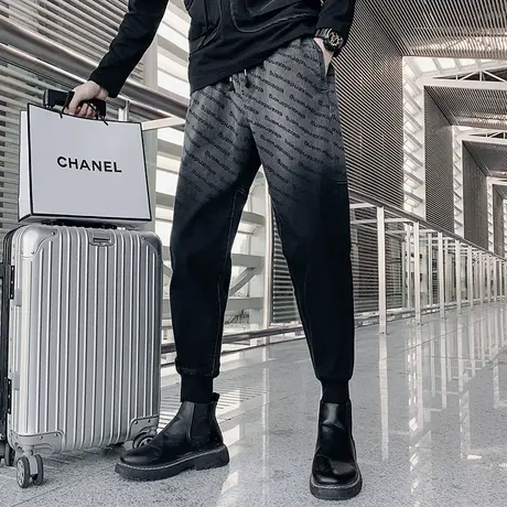 秋季男休闲裤哈伦裤时尚潮牌渐变字母裤子潮流运动卫裤束腿九分裤商品大图