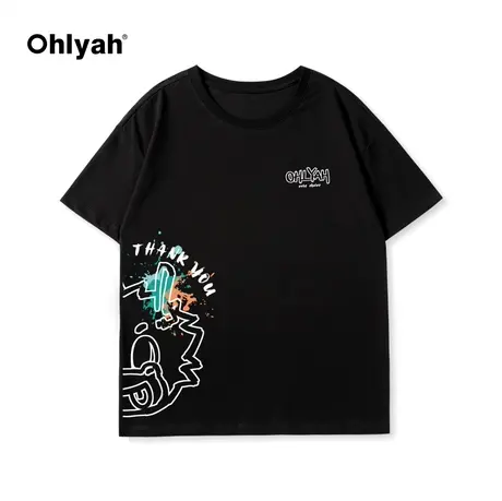 Ohlyah春夏新款卡通涂鸦小龙印花纯棉大码短袖T恤女韩版学院风潮商品大图