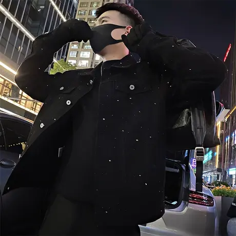 网红重工烫钻个性痞帅牛仔外套男秋季新款街头百搭潮男机车夹克潮商品大图