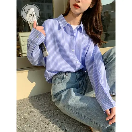 yoe衬衫女23春新款蓝色条纹长袖上衣轻奢小众炸街复古港味设计感图片